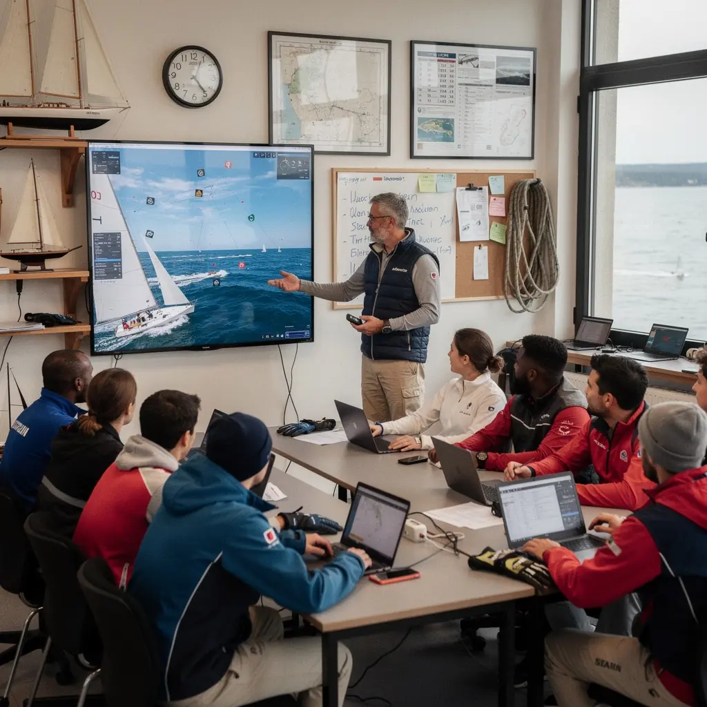Vitorlás edzés közben, a csapat együttműködik a szél és az áramlatok kihasználásában.